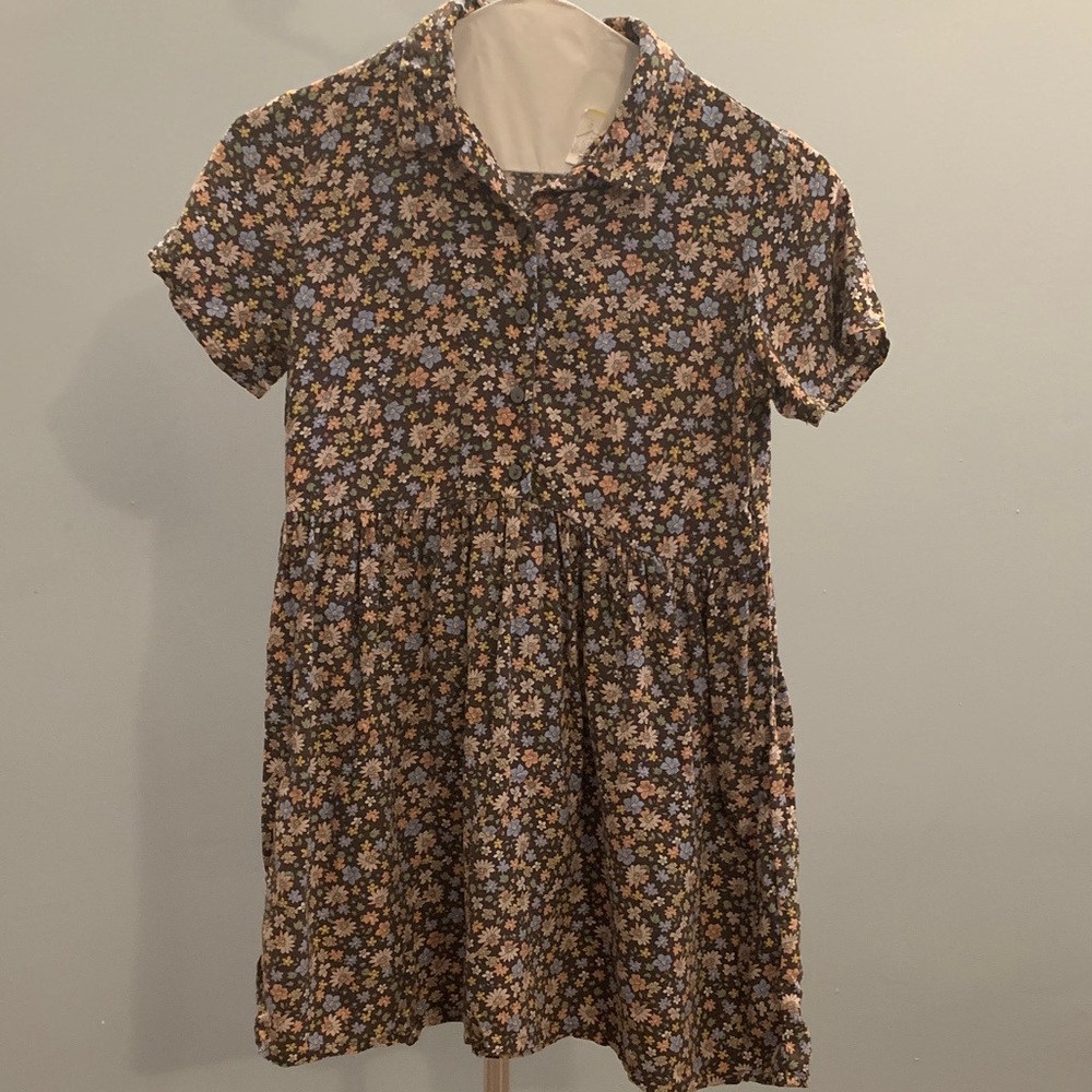 H&M Brown Floral Short-Sleeve Button-Front Dress with Multicolor Blooms